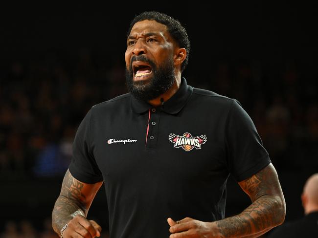 Justin Tatum reacts during the round five NBL match between Cairns Taipans and Illawarra Hawks at Cairns Convention Centre. Picture: Emily Barker/Getty Images.