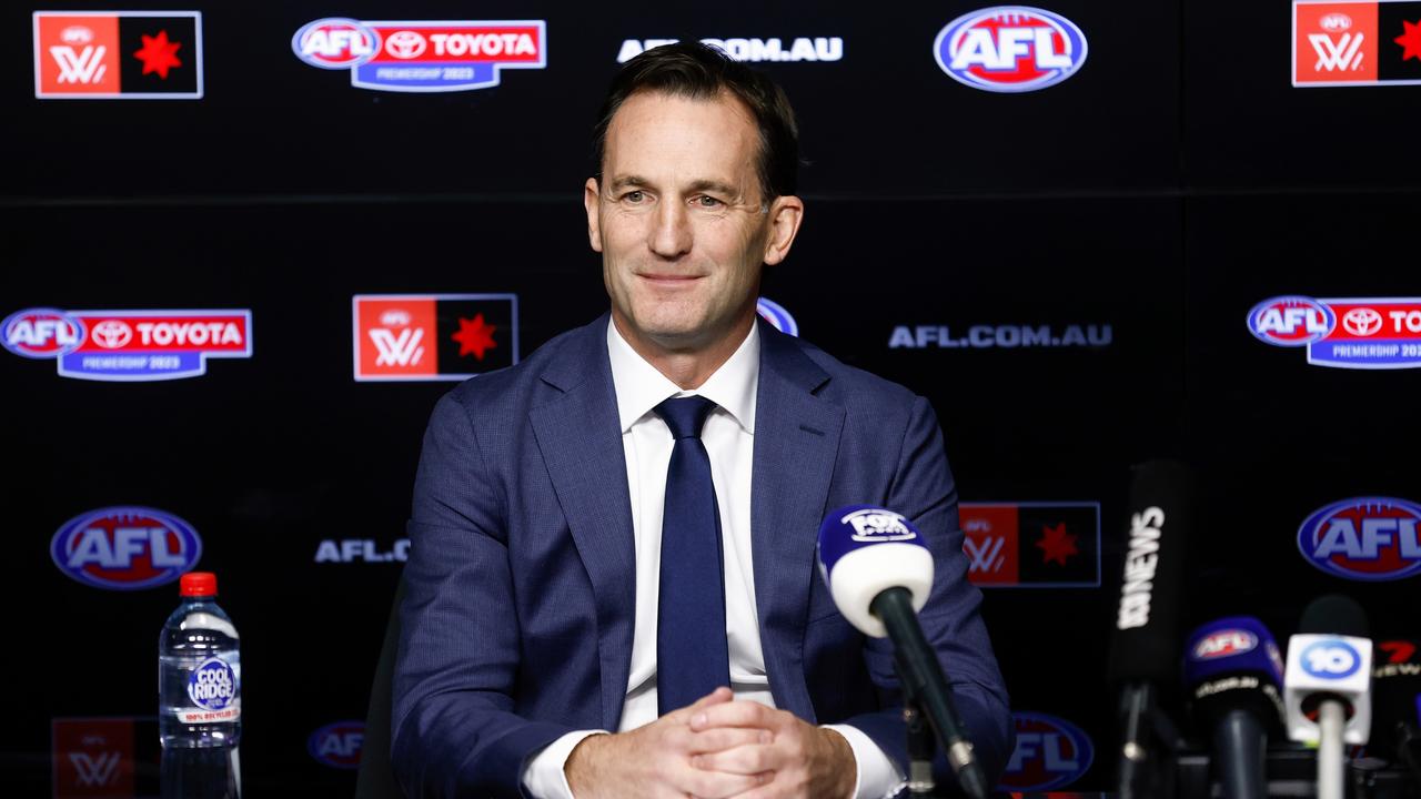 MELBOURNE, AUSTRALIA - MAY 01: Incoming CEO Andrew Dillon speaks with media during the AFL CEO Announcement at Marvel Stadium on May 01, 2023 in Melbourne, Australia. (Photo by Michael Willson/AFL Photos via Getty Images)