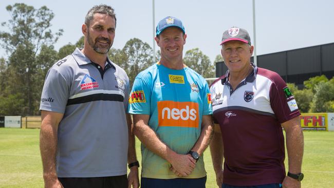 Tweed Seagulls coach Ben Woolf, Gold Coast Titans coach Justin Holbrook and Burleigh Bears coach Rick Stone. Picture: GOLD COAST TITANS