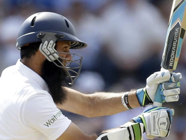 England's Moeen Ali hits a shot during the second day of the third cricket test match of the series. Picture: Matt Dunham