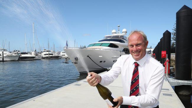 Southport Yacht Club General manager Brett James celebrating the new Superyacht berth official opening . Picture Glenn Hampson