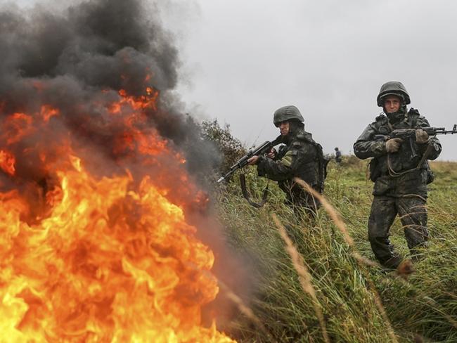 This photo provided by the Russian Defense Ministry shows Russian troops during the Zapad military exercise at a training ground near Kaliningrad earlier this month. Picture: AP / Russian Defense Ministry