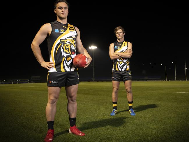 TSL Tigers vice captains Kieran Lovell and Lachie O'Neill train with strict social distancing at Kingston. Picture: CHRIS KIDD