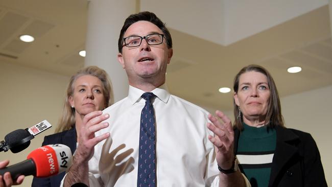 Nationals party leader David Littleproud, centre, with Bridget McKenzie and Perin Davey. Picture: Tracey Nearmy