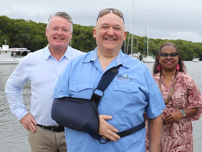 Tourism Minister Michael Healy, ABC Snorkel Charters owner, Jay Wink, Member for Cook, Cynthia Lui and ALP candidate for Mulgrave, Richie Bates at Port Douglas on Monday, September 16, 2024. Picture: Samuel Davis