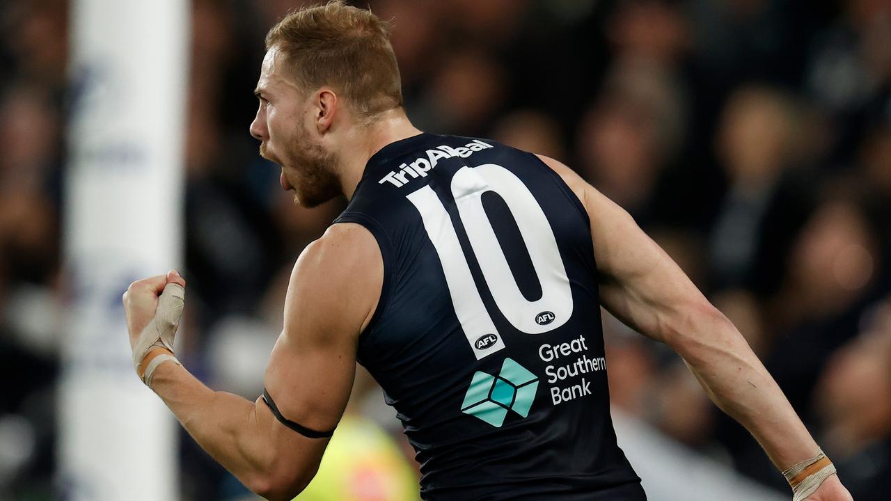 Harry McKay celebrates a goal during Carlton’s victory.