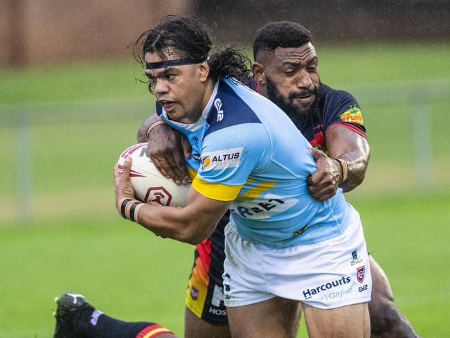 Brayden McGrady is tackled by Keven Appo in a Hostplus Cup rugby league game in 2022. Picture: Kevin Farmer