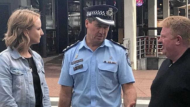 SAFETY FIRST: Solbar Group general manager Hayley Bridger with Sunshine Coast Superintendent Darryl Johnson and Ocean St Precinct Association Scott Hoskins at a press conference on Ocean St on June 6, 2019. Picture: Nicky Moffat