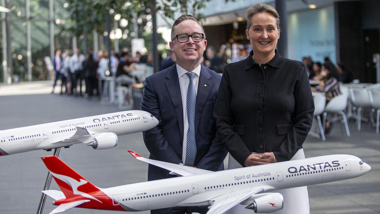 Former Qantas chief Alan Joyce with his successor, Vanessa Hudson. Picture: Christian Gilles