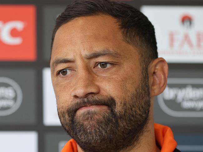 WEEKEND TELEGRAPHS. Check with picture editors before use. Benji Marshall fronts the media at Tigers HQ in Concord after it was announced he would take the head coaching reigns from Tim Sheens earlier than expected. 18/08/2023. Pic by Max Mason-Hubers