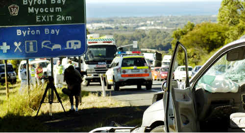 The scene on the Pacific Highway near Bangalow after an accident that claimed the life of a Queensland woman.