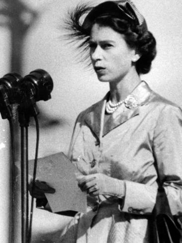 The Queen addresses the crowds in 1954.