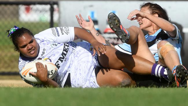 Darwin Brothers' Womens Bianca Scrymgour plays against Sharks in the Humpty Dumpty Foundation round of 2022 NRLNT season. Picture: (A)manda Parkinson