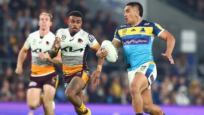 GOLD COAST, AUSTRALIA - JULY 16: Erin Clark of the Titans runs the ball during the round 18 NRL match between the Gold Coast Titans and the Brisbane Broncos at Cbus Super Stadium, on July 16, 2022, in Gold Coast, Australia. (Photo by Chris Hyde/Getty Images)