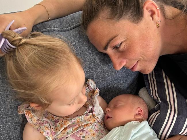 Australian Matidlas player Katrina Gorry with her daughter Harper and newborn son Koby. Picture Instagram
