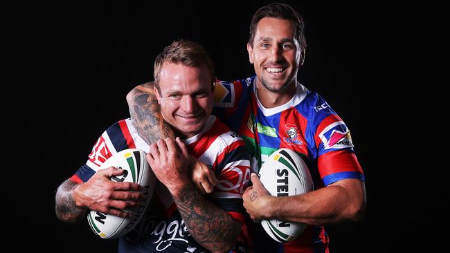 Good mates Jake Friend and Mitchell Pearce are ready to lock horns when the Roosters host the Knights on Sunday. Photo: Phil Hillyard