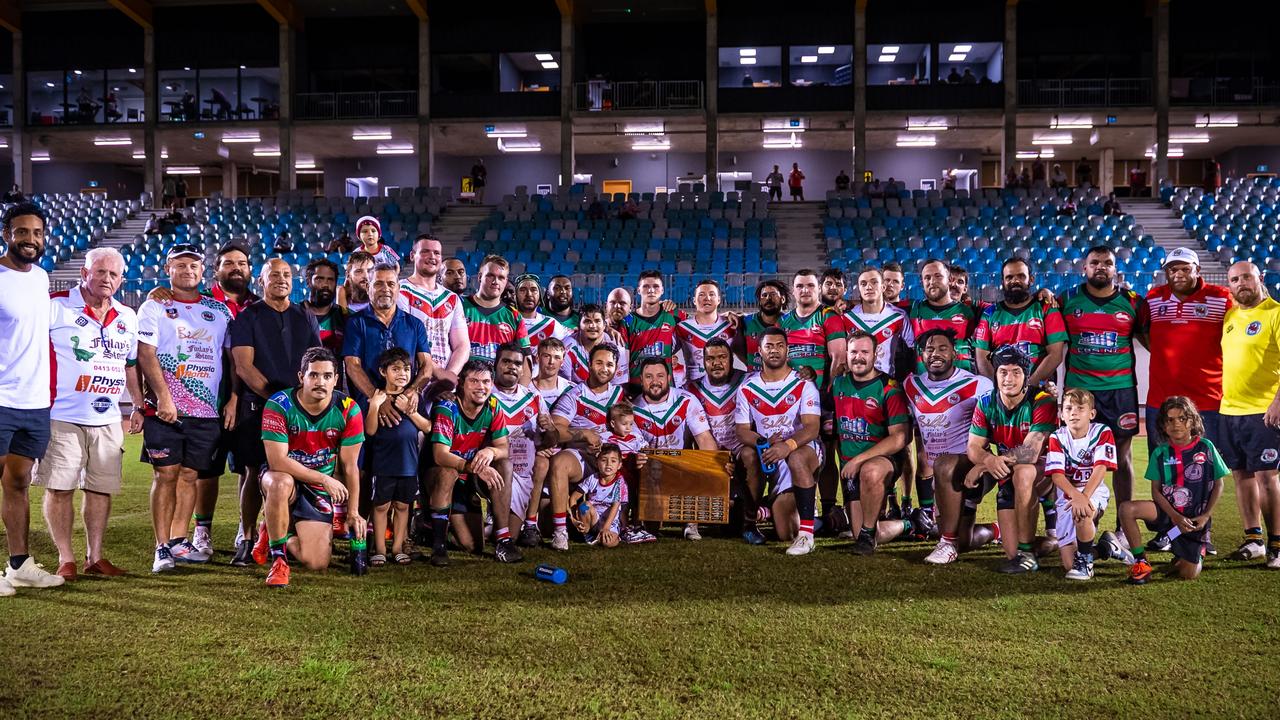 The Nightcliff Dragons and South Darwin Rabbitohs following the 2023 NRL NT Round 11 Chico Motlop Shield match. Picture: Patch Clapp / NRL NT