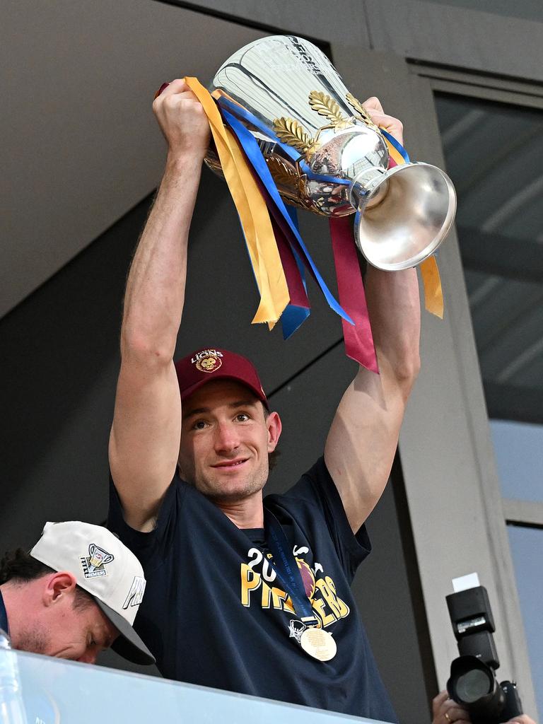 IPSWICH, AUSTRALIA - SEPTEMBER 29: Harris Andrews celebrates with fans at Brighton Homes Arena, on September 29, 2024, in Ipswich, Australia. The Brisbane Lions won the 2024 AFL Grand Final yesterday beating Sydney Swans at the MCG. (Photo by Bradley Kanaris/Getty Images)