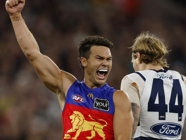 NCA. MELBOURNE, AUSTRALIA. September 21 , 2024. 2nd preliminary final between Geelong and the Brisbane Lions at the MCG.   Cam Rayner of the Lions celebrates a 3rd quarter goal   .  Pic:Michael Klein