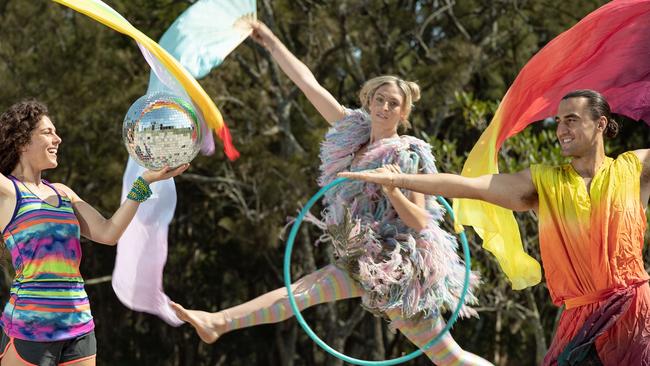 Jessica Bancroft, Aliy Potts and Charlie Mana are ready for the Daybreaker sober dance party at Centennial Park on February 28. Picture: Julian Andrews