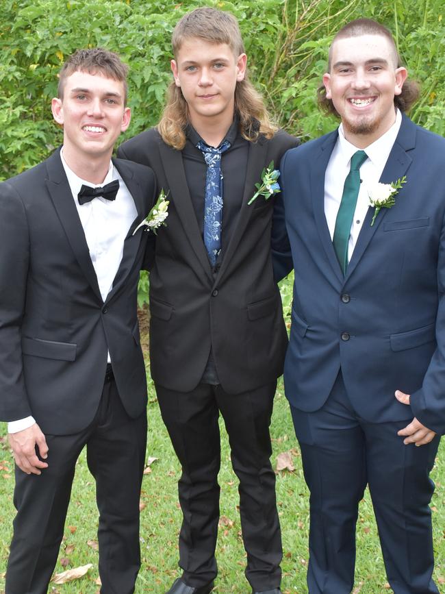 Jed Theiber, Damon Bust and Douglas Swindells at the Mackay State High School 2021 Year 12 formal, November 16, 2021. Photo: Tara Miko and Janessa Ekert