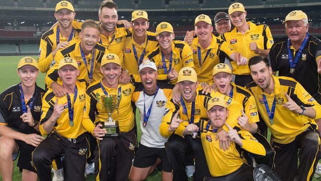 The Glenelg players celebrate winning this season’s T20 Cup. Picture: SACA