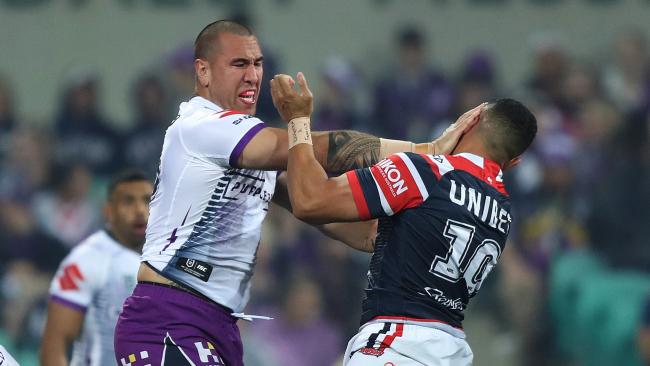 Nelson Asofa-Solomona and Sio Siua Taukeiaho were involved in a heated early exchange. Picture: Brett Costello