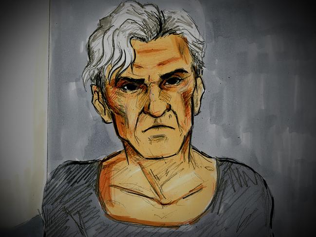 A court sketch of former AFL player and coach Dean Laidley during a bail hearing at Melbourne Magistrates Court, Melbourne, on Monday, May 11, 2020. Laidley has been released on bail to attend an inpatient rehab facility after he was accused of stalking a woman. (AAP Image/Nine News) NO ARCHIVING