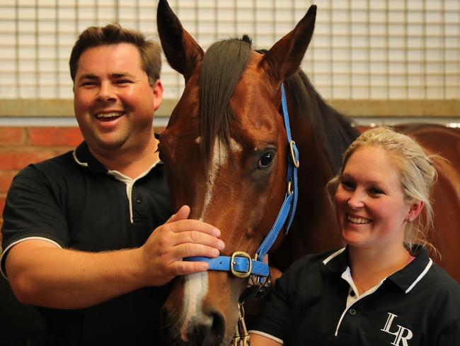 24/10/2019:  Newly wed Sydney based trainers Richard and Laura Litt, with Cox Plate runner 'Castelvecchio', cut short their honeymoon to attend the Cox Plate.  Stuart McEvoy/The Australian.