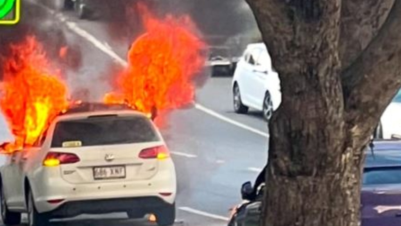 Flames shoot from car fire in Brisbane’s north