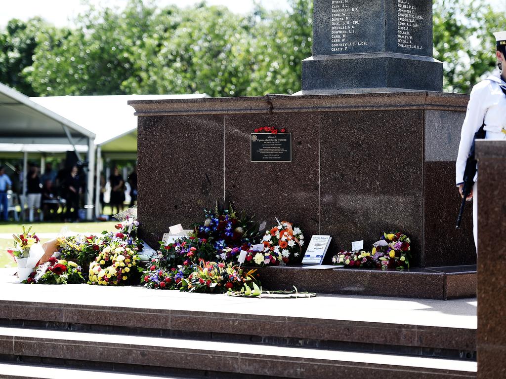 Flowers are seen on the Cenotaph during the 77th Anniversary of the Bombing of Darwin on Tuesday, February 19, 2019. Picture: Keri Megelus