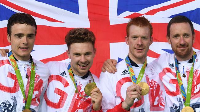 Gold medallists Steven Burke, Owain Doull, Edward Clancy and Bradley Wiggins of Great Britain.