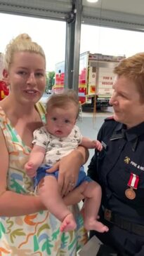 Gabby Refalo, baby Charlie and Leanne Tickle at the Mackay Fire Station