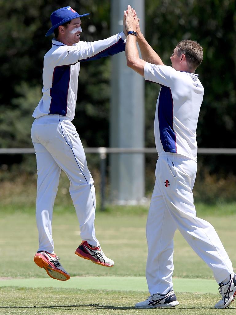 Banyule’s Michael Hannan celebrates a wicket. Picture: Andy Brownbill