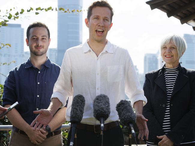 Newly-elected Griffith MP Max Chandler-Mather (middle) has revealed state seats the Greens have in their sights for 2024. Picture Lachie Millard