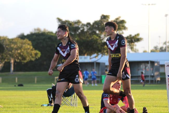 Antonio Okusitino celebrates scoring a try in the first round of the 2024 season.