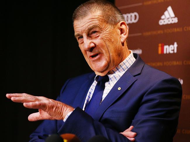 MELBOURNE, AUSTRALIA - MAY 07:  Hawks president Jeff Kennett speaks to the media during a Hawthorn Hawks AFL media opportunity at Waverley Park on May 7, 2018 in Melbourne, Australia. Hawthorn plays Sydney this Friday for the beyondblue Cup.  (Photo by Michael Dodge/Getty Images)