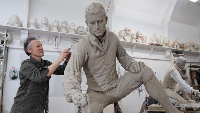 English sculptor Mark Richards working on the cast of Captain Matthew Flinders statue which now stands at Euston station in London near where Flinders’ unmarked grave is believed to be. Picture: Ella Pellegrini