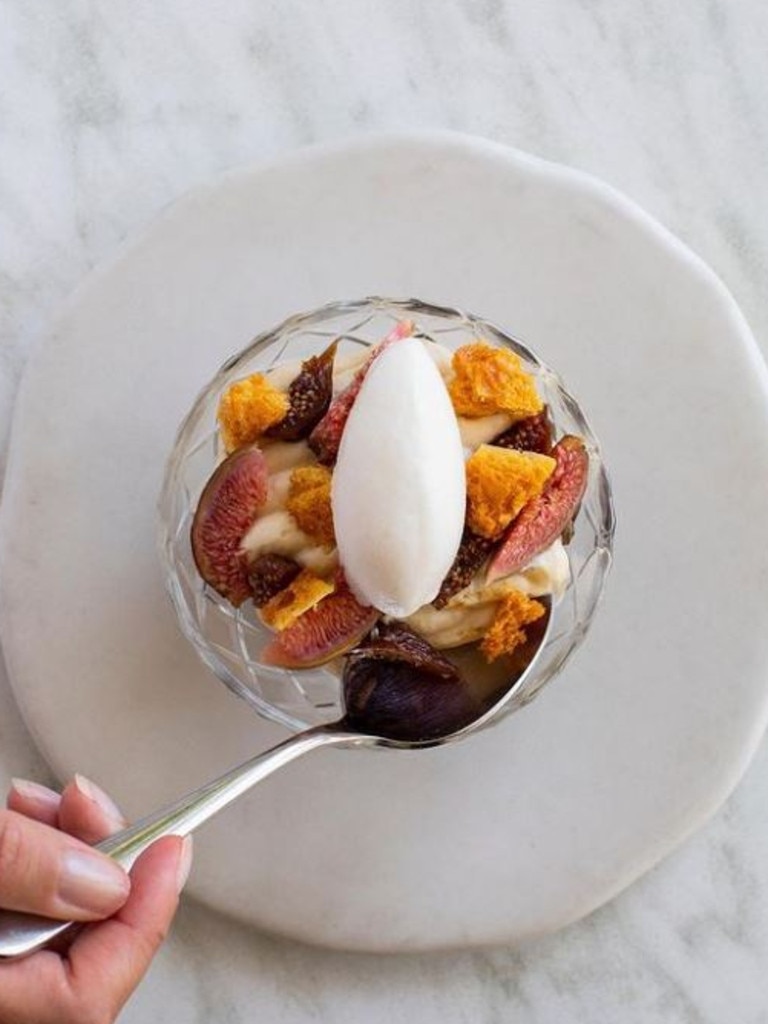 This dessert, Raes Trifle, is a unique twist on black figs, wattleseed sponge, Pedro Ximenez jelly, fig leaf custard, kefir sorbet and honeycomb.