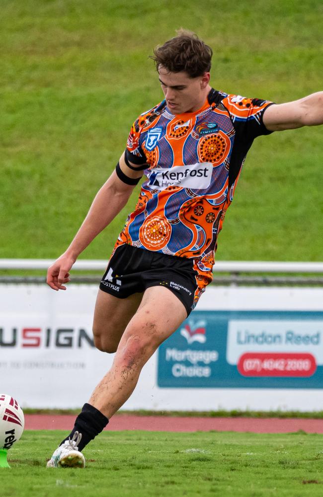 Northern Pride kicker Tom Duffy launches a conversion through the goals in their Hostplus Cup match against Central Queensland Capras at Barlow Park. Picture: Emily Barker