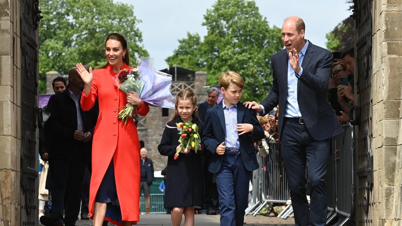 Catherine, Duchess of Cambridge, Princess Charlotte of Cambridge, Prince George of Cambridge and Prince William, Duke of Cambridge during a visit to Cardiff Castle. (Photo by Ashley Crowden – WPA Pool/Getty Images)