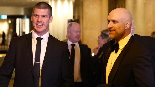 MELBOURNE, AUSTRALIA - JUNE 10: Jonathan Brown and Chris Judd are seen ahead of the Australian Football Hall of Fame at Crown Palladium on June 10, 2025 in Melbourne, Australia. (Photo by James Wiltshire/AFL Photos via Getty Images)