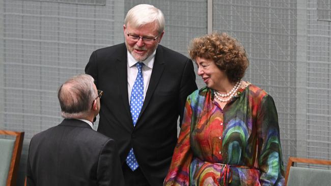 Anthony Albanese welcomes Kevin Rudd and wife Therese Rein to Question Time. Picture: Martin Ollman