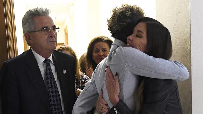 Bill Cosby accusers Andrea Constand, centre, and Janice Dickinson yesterday.