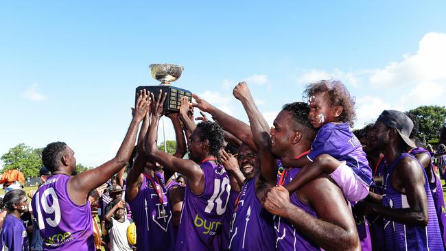 Tikilaru Dockers celebrate their win against Tuyu Buffaloes during the TIFL grand final. Picture: Keri Megelus