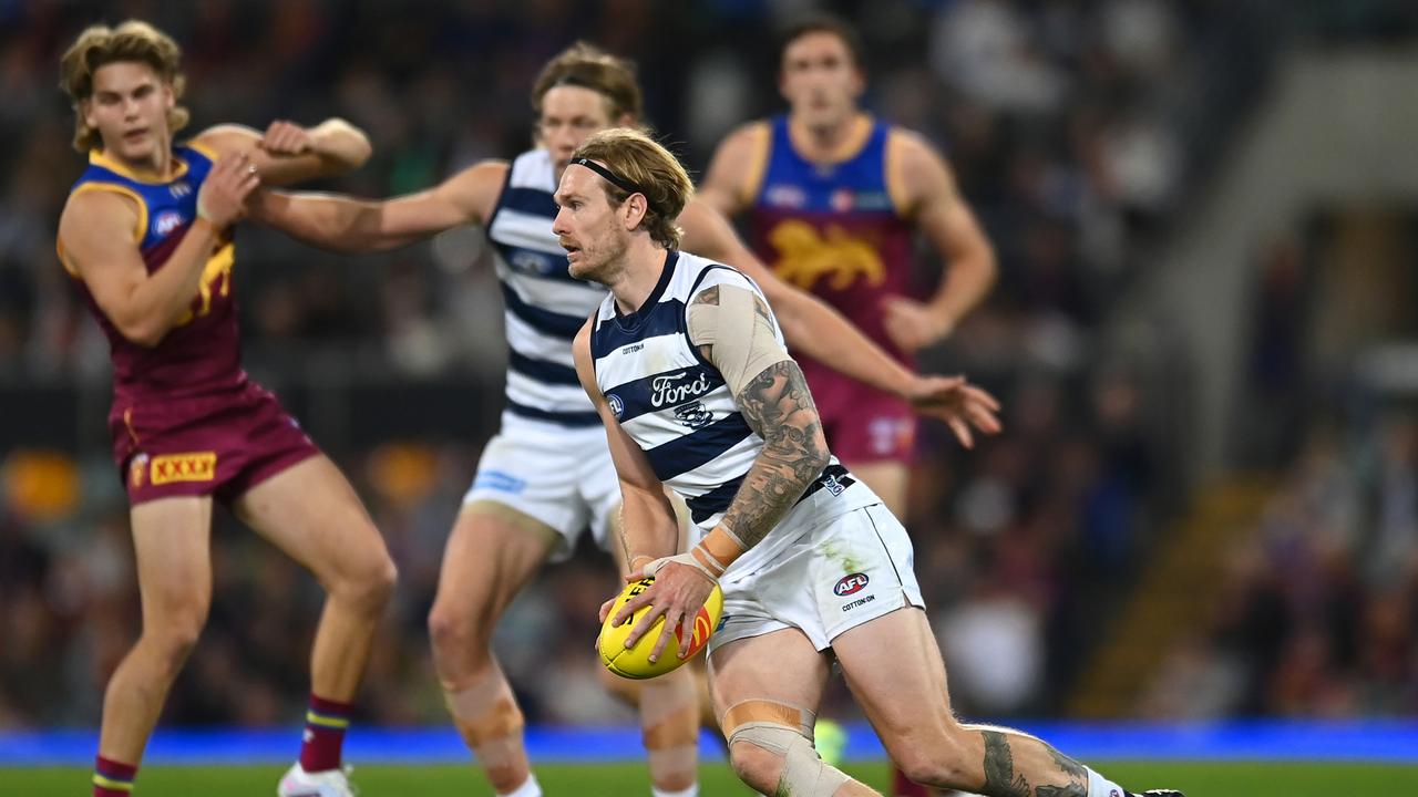 Tom Stewart was close to best on ground for the Cats. Picture: Albert Perez/AFL Photos via Getty Images)