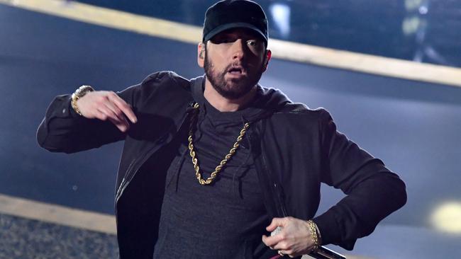 Stars in the audience and viewers at home couldn’t believe their eyes when Eminem popped up for an early 2000s throwback performance. Picture: AFP.