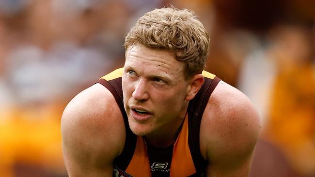 MELBOURNE, AUSTRALIA - APRIL 01: James Sicily of the Hawks looks on during the 2024 AFL Round 03 match between the Hawthorn Hawks and the Geelong Cats at the Melbourne Cricket Ground on April 01, 2024 in Melbourne, Australia. (Photo by Michael Willson/AFL Photos via Getty Images)