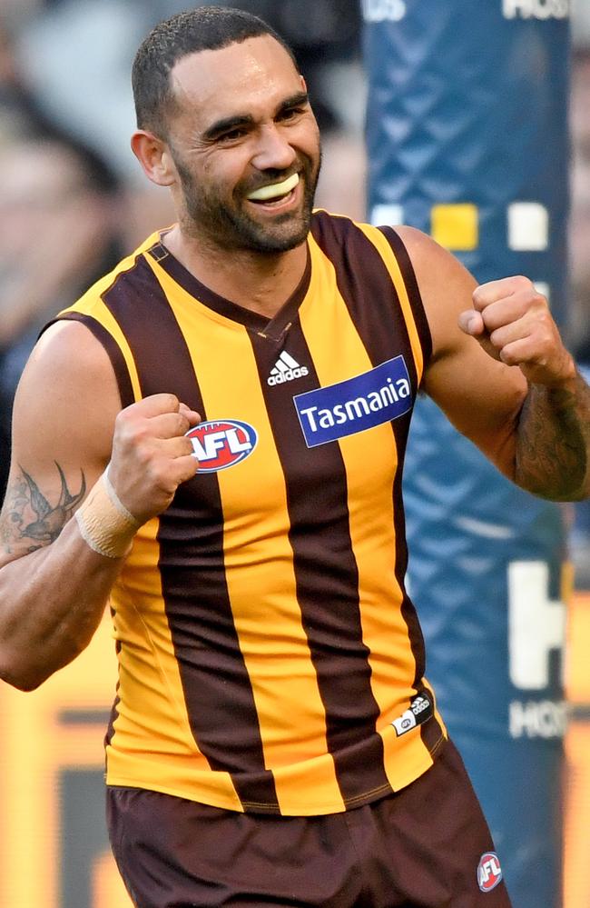 Shaun Burgoyne celebrates his goal in the second quarter — always a good sign for the Hawks when he splits the middle. Picture: AAP