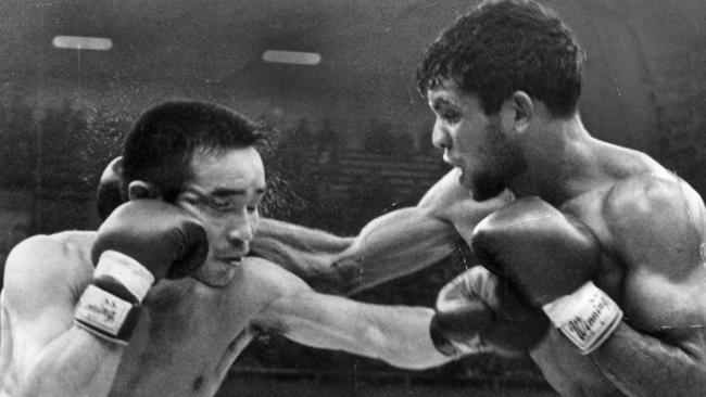 Lionel Rose on his way to defeating Fighting (Masahiko) Harada over 15 rounds to claim the world title in February 1968.